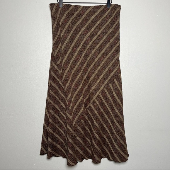 VTG 90s Women Midi Skirt Large Brown Academia Pull On Chevron Stripe A-Line - Picture 4 of 6